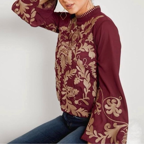 GIMMICKS Embroidered Bell Sleeve Mock Neck Boho Blouse—SZ. XS - Picture 3 of 17